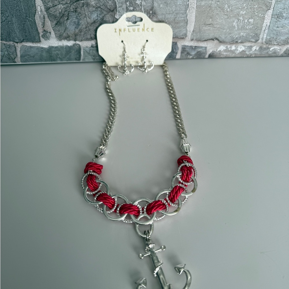 Silver and Red Anchor Necklace Set